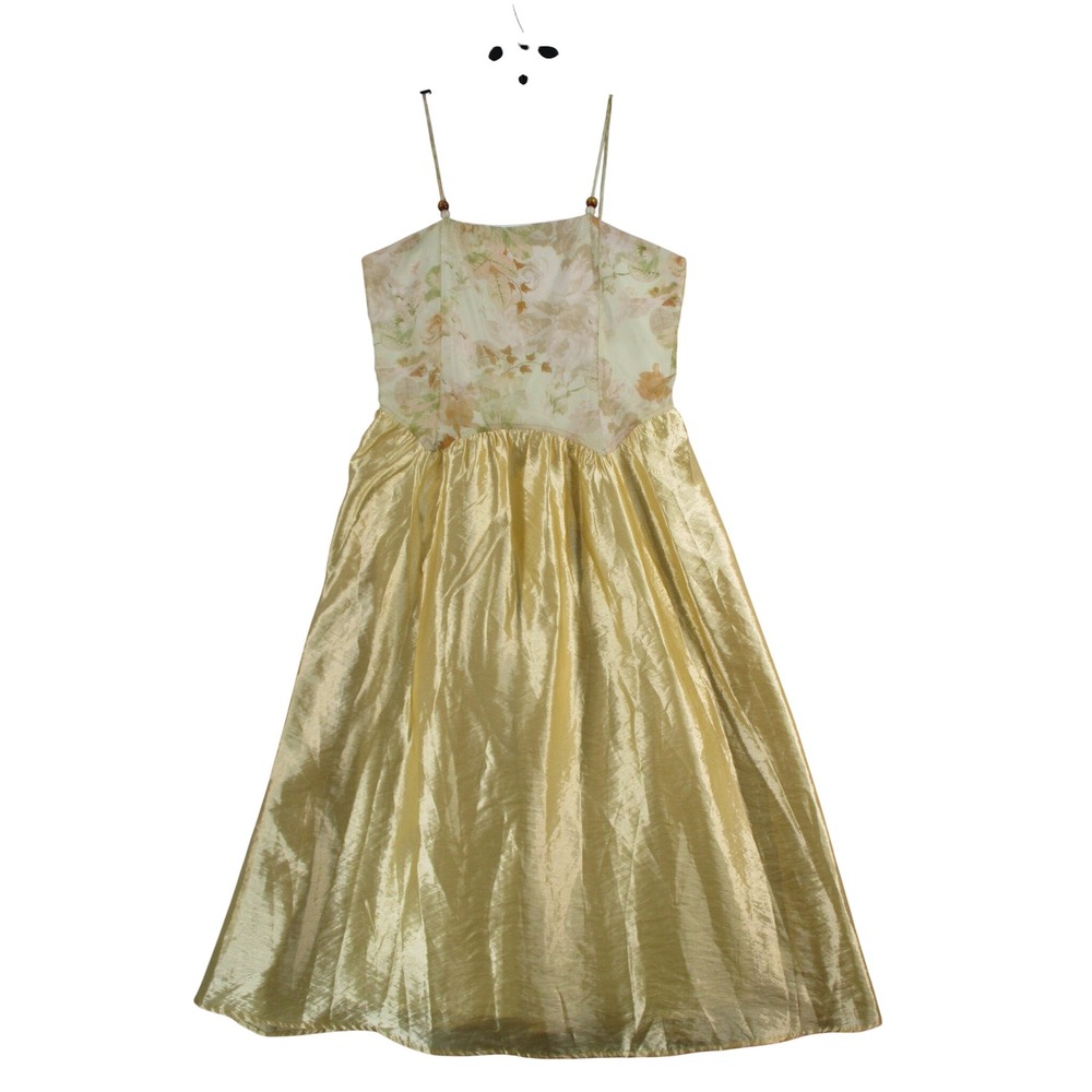 Vintage Floral Bodice Metallic Gold Skirt Midi Dress Spaghetti Strap Gold SZ-L